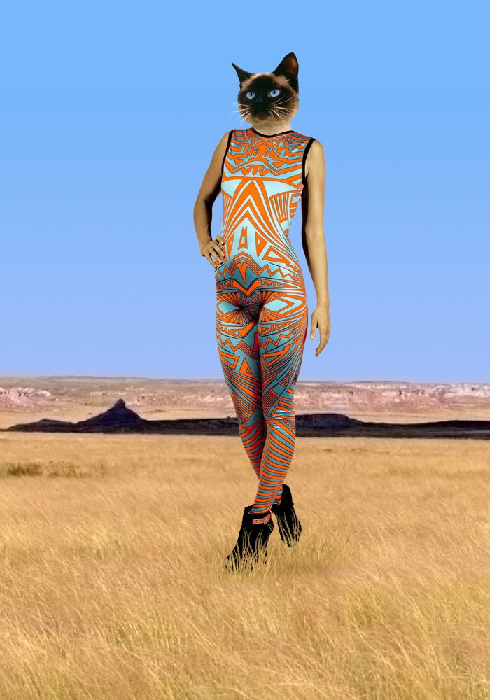 Orange and sky blue UV Op Art Lycra Catsuit with a trippy sci-fi cyberpunk pattern. A  Colourful symmetrical psychedelic geometric spandex Bodysuit, perrrrfect for a festival outfit.