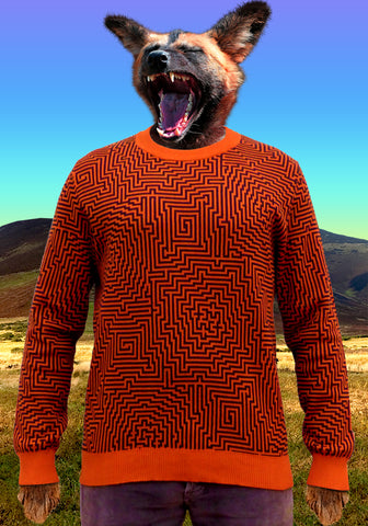 Rusty Orange and Black Optical Illusion Trippy Labyrinth geometric pattern on a Cotton Knitted Jumper. Designed by alternative fashion brand TAPT.