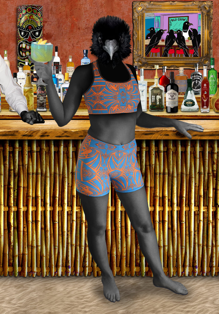 Blue and Orange Art Deco style geometric abstract Lycra Sports Wear that can be used as a swimsuit. Tessellating hand-drawn psychedelic artwork printed on spandex sports bra and hot pants. Perfect as a festival outfit, activewear, aerial performance, acrobatics, dancing, running, cycling, gymnastics, and ravewear.