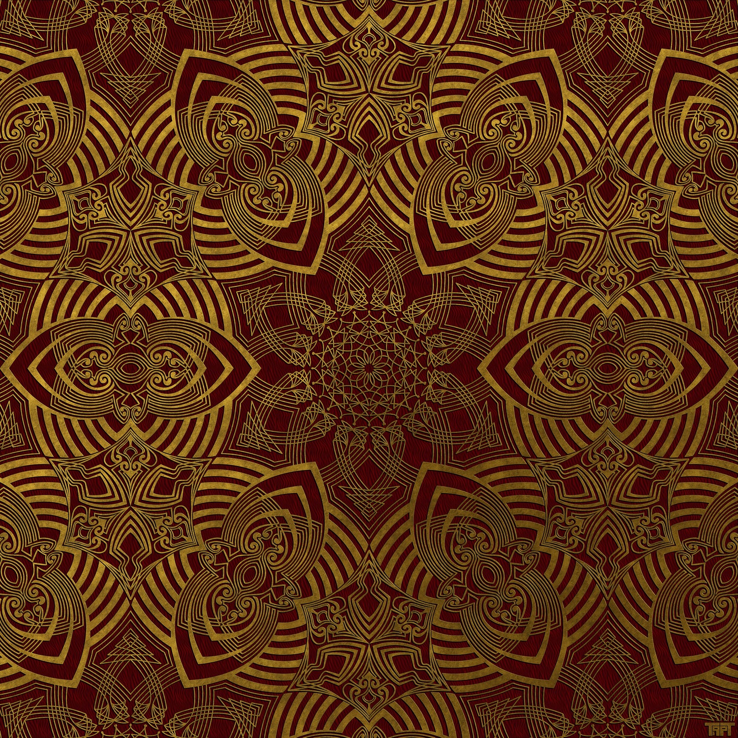 Golden geometric abstract tessellating art deco pattern with a Silky Marron background. Psychedelic line design with isometric symmetry with a dreamcatcher in the centre that oscillates optical illusionary Surealism. 